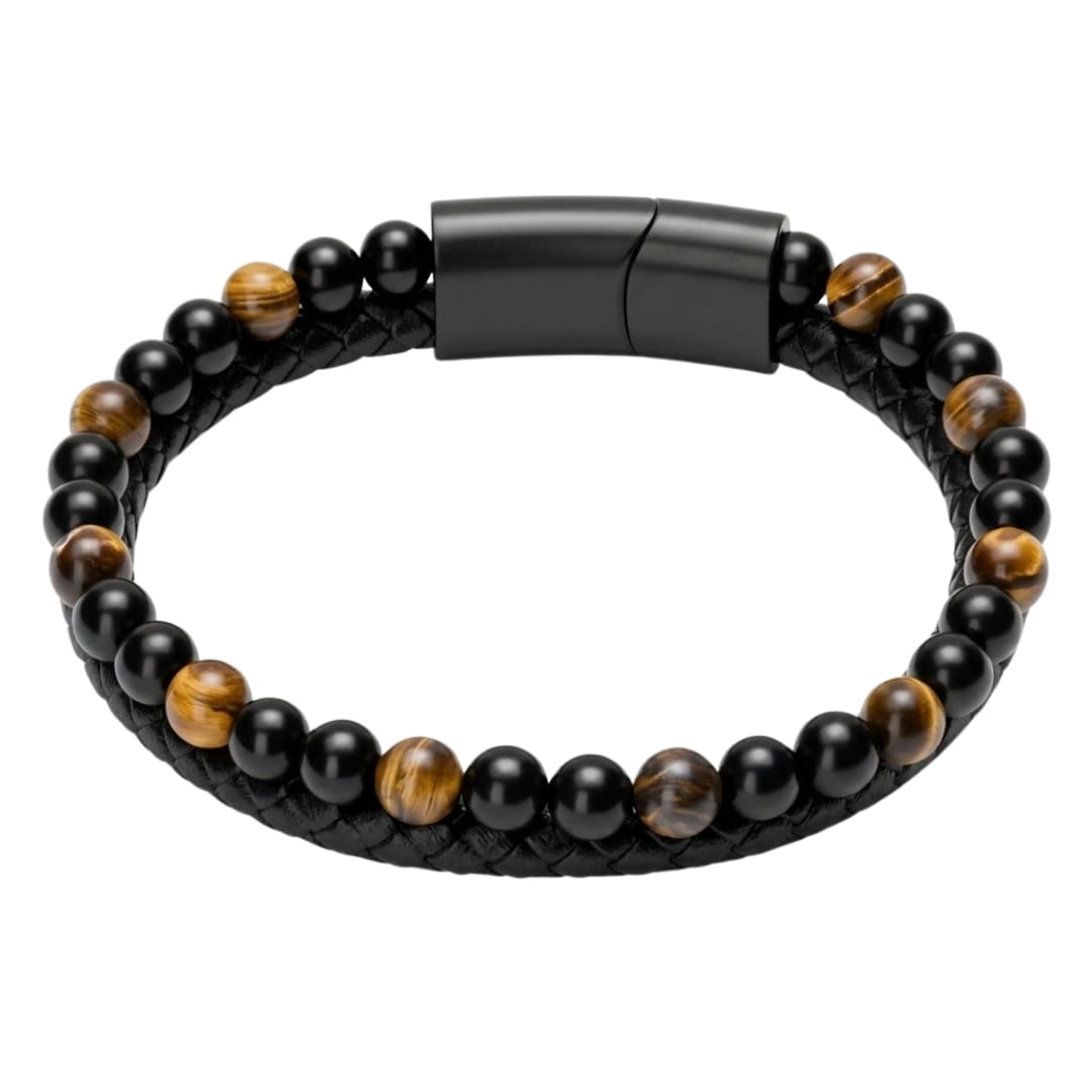 THE MEN THING Bead Bracelet NATURAL TIGER EYE HEALER -   Natural Healing Beads  - Tiger Eye Stone & Black Onyx Leather with Stainless Steel Magnetic Buckle for Men & Boys (7.5inch)