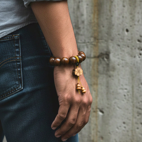 NATURE BOUND - 21mm Wooden Beads Bracelet with Natural Stone - Adjustable Bracelet
