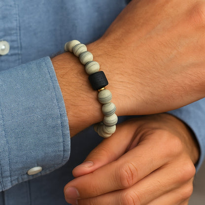 THE MEN THING Bead Bracelet NOIR ORBIT - 12mm Beads Bracelet with Natural Stone - Adjustable Bracelet