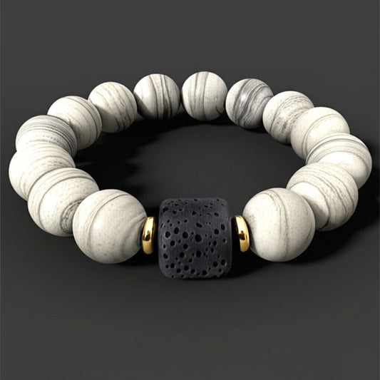 THE MEN THING Bead Bracelet NOIR ORBIT - 12mm Beads Bracelet with Natural Stone - Adjustable Bracelet