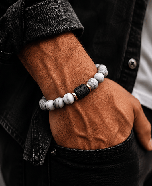 THE MEN THING Bead Bracelet NOIR ORBIT - 12mm Beads Bracelet with Natural Stone - Adjustable Bracelet