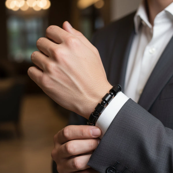 NOIR VAULT  - 14mm Wooden Beads Bracelet with Natural Stone - Adjustable Bracelet