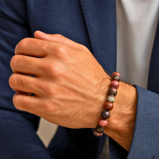 THE MEN THING Bead Bracelet NOVA RHODONITE - 12mm Beads Bracelet with Natural Stone - Adjustable Bracelet