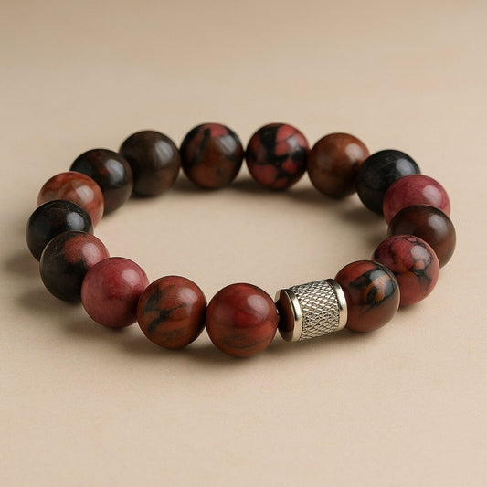 THE MEN THING Bead Bracelet NOVA RHODONITE - 12mm Beads Bracelet with Natural Stone - Adjustable Bracelet