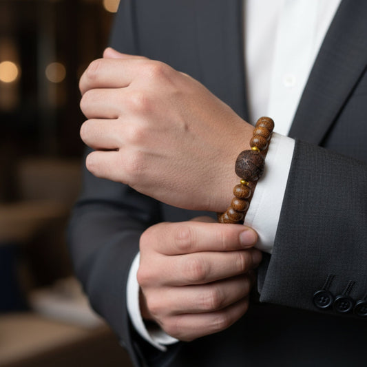 THE MEN THING Bead Bracelet OAKEN BEAD - 10mm Wooden Beads Bracelet with Natural Stone - Adjustable Bracelet