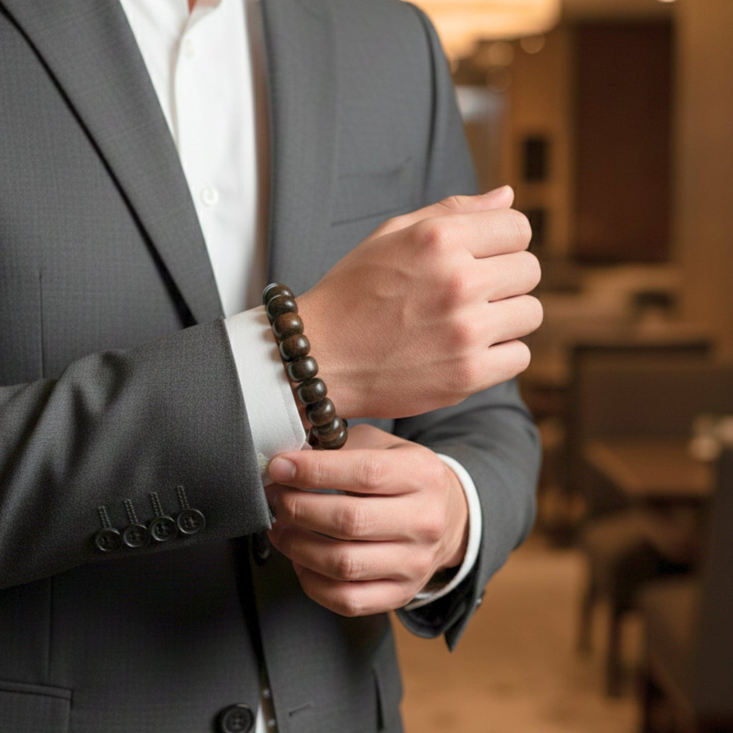 THE MEN THING Bead Bracelet OBSIDIAN CREED  - 20mm Wooden Beads Bracelet with Natural Stone - Adjustable Bracelet
