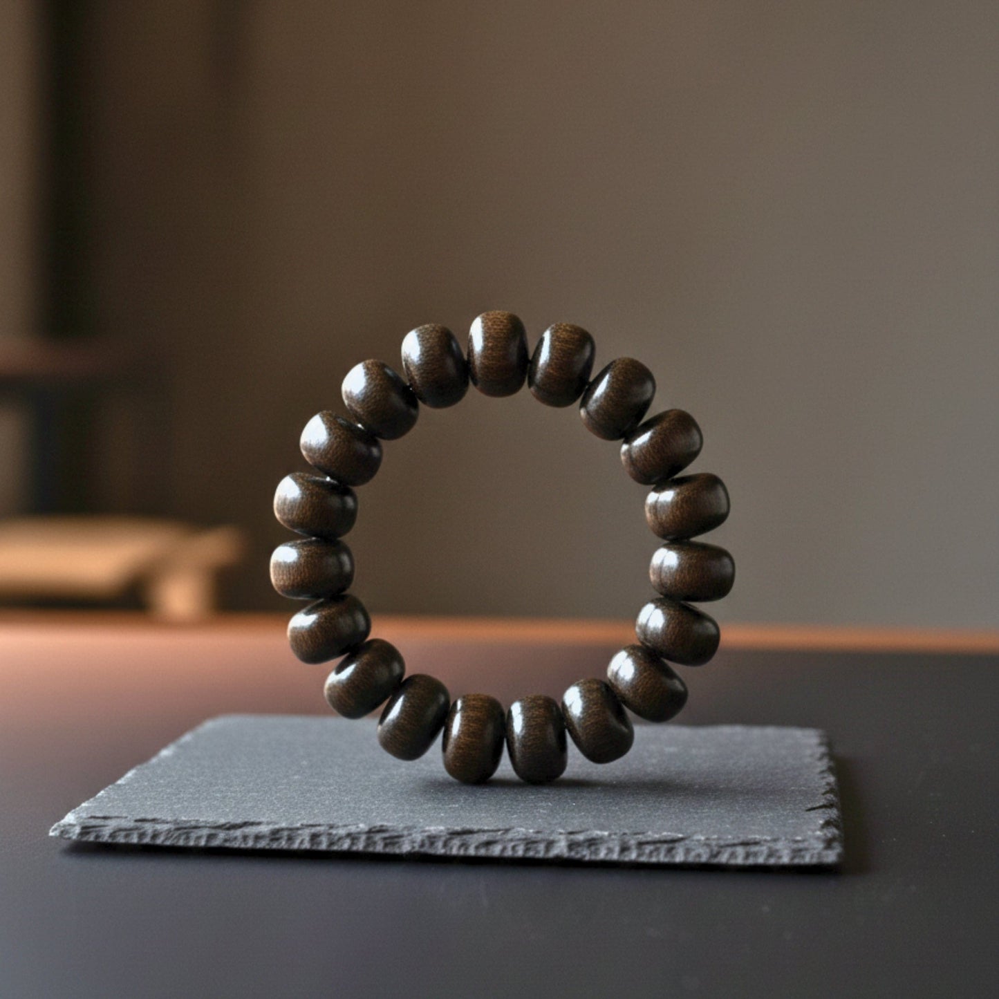 THE MEN THING Bead Bracelet OBSIDIAN CREED  - 20mm Wooden Beads Bracelet with Natural Stone - Adjustable Bracelet
