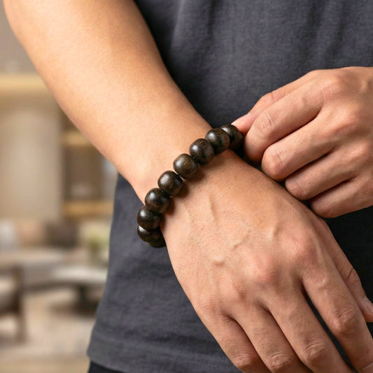 THE MEN THING Bead Bracelet OBSIDIAN CREED  - 20mm Wooden Beads Bracelet with Natural Stone - Adjustable Bracelet