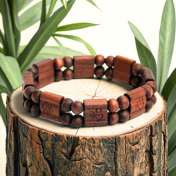 OM SERENITY - 15mm Wooden Beads Bracelet with Natural Stone - Adjustable Bracelet