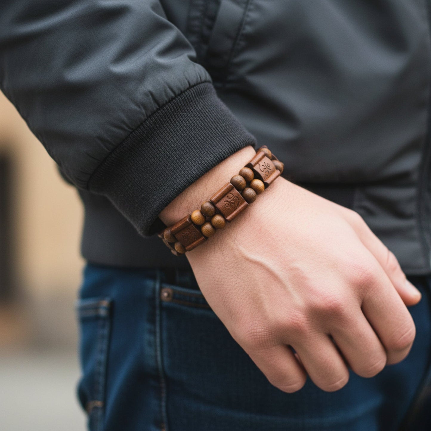 THE MEN THING Bead Bracelet OM SERENITY - 15mm Wooden Beads Bracelet with Natural Stone - Adjustable Bracelet