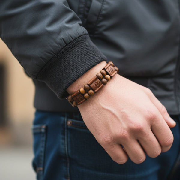 OM SERENITY - 15mm Wooden Beads Bracelet with Natural Stone - Adjustable Bracelet