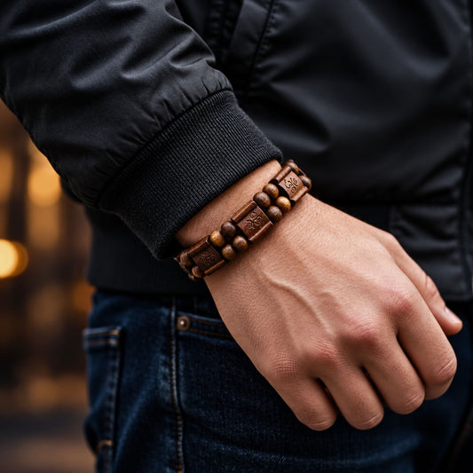 THE MEN THING Bead Bracelet OM SERENITY - 15mm Wooden Beads Bracelet with Natural Stone - Adjustable Bracelet