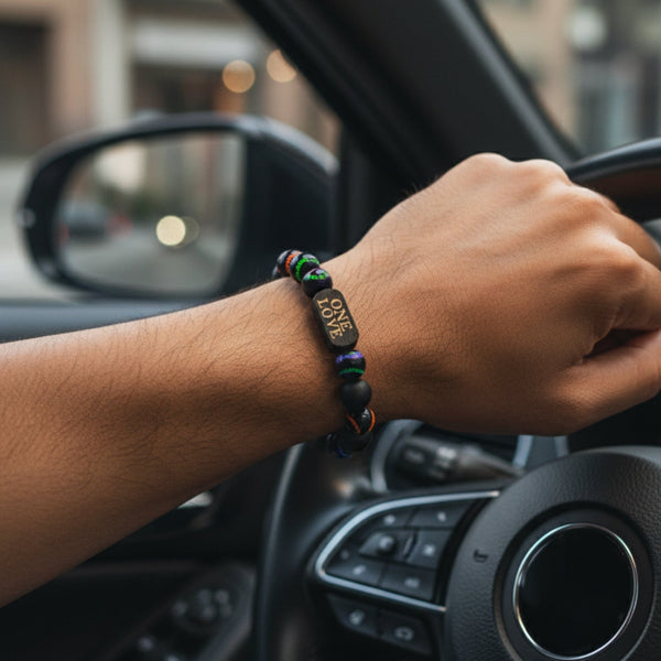 ONE LOVE VIBE - 13mm Beads Bracelet with Natural Stone - Adjustable Bracelet