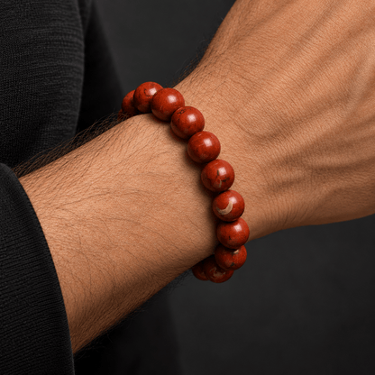 THE MEN THING Bead Bracelet RED JASPER - 12mm Beads Bracelet with Natural Stone - Adjustable Bracelet