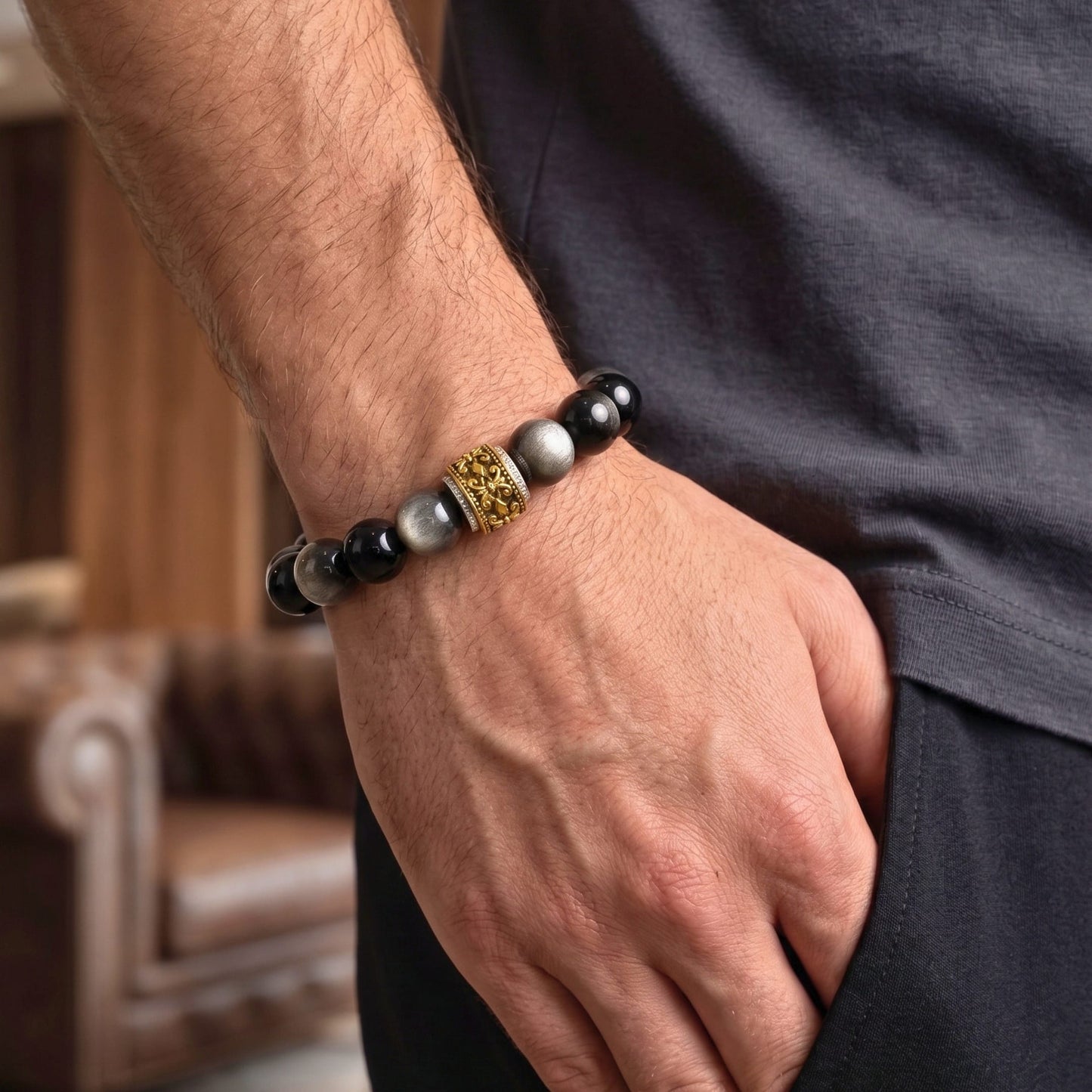 THE MEN THING Bead Bracelet ROYAL ONYX - 12mm Beads Bracelet with Natural Stone Adjustable Bracelet for Men & Boys