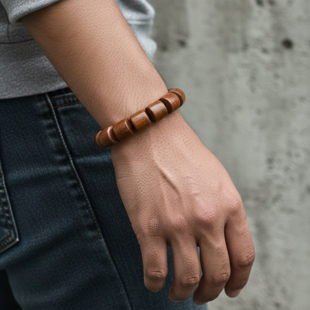THE MEN THING Bead Bracelet RUGWOOD - 16mm Wooden Beads Bracelet with Natural Stone - Adjustable Bracelet