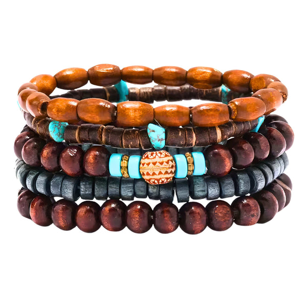 RUSTIC HORIZON - 5 Pcs Brown Genuine Leather Adjustable Bracelet Set for Men & Boys (8 inch)