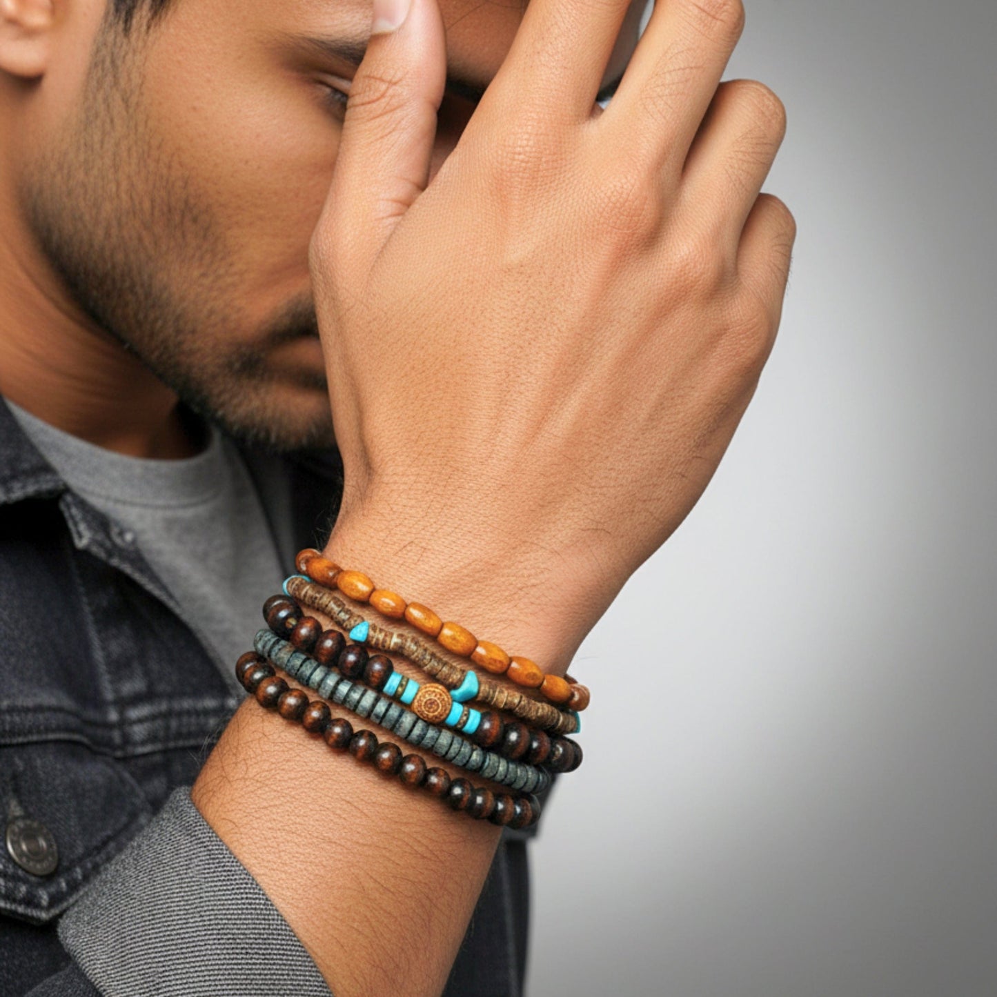 THE MEN THING Bead Bracelet RUSTIC HORIZON - 5 Pcs Brown Genuine Leather Adjustable Bracelet Set for Men & Boys (8 inch)