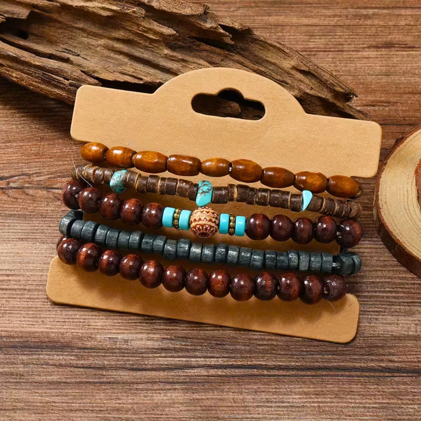 THE MEN THING Bead Bracelet RUSTIC HORIZON - 5 Pcs Brown Genuine Leather Adjustable Bracelet Set for Men & Boys (8 inch)