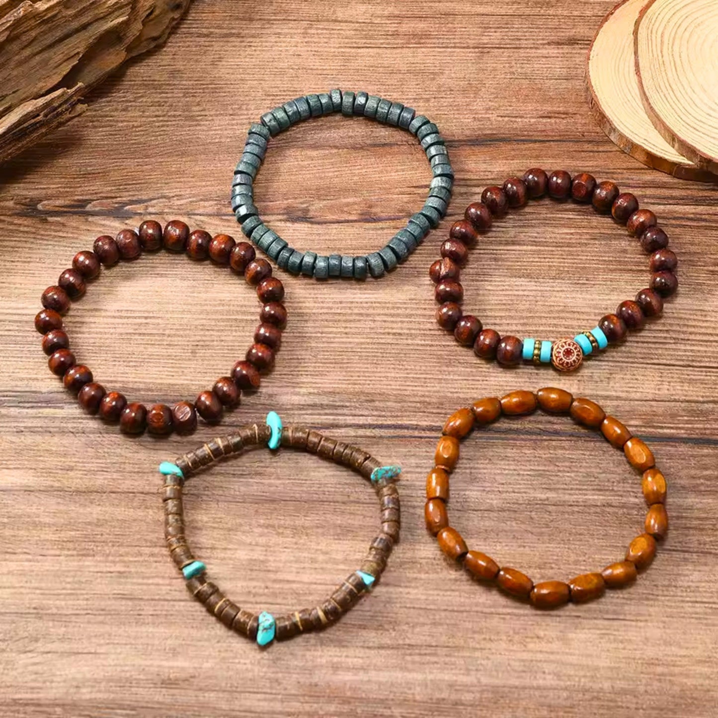THE MEN THING Bead Bracelet RUSTIC HORIZON - 5 Pcs Brown Genuine Leather Adjustable Bracelet Set for Men & Boys (8 inch)