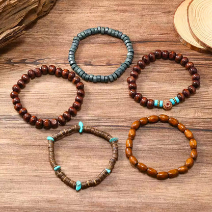 THE MEN THING Bead Bracelet RUSTIC HORIZON - 5 Pcs Brown Genuine Leather Adjustable Bracelet Set for Men & Boys (8 inch)