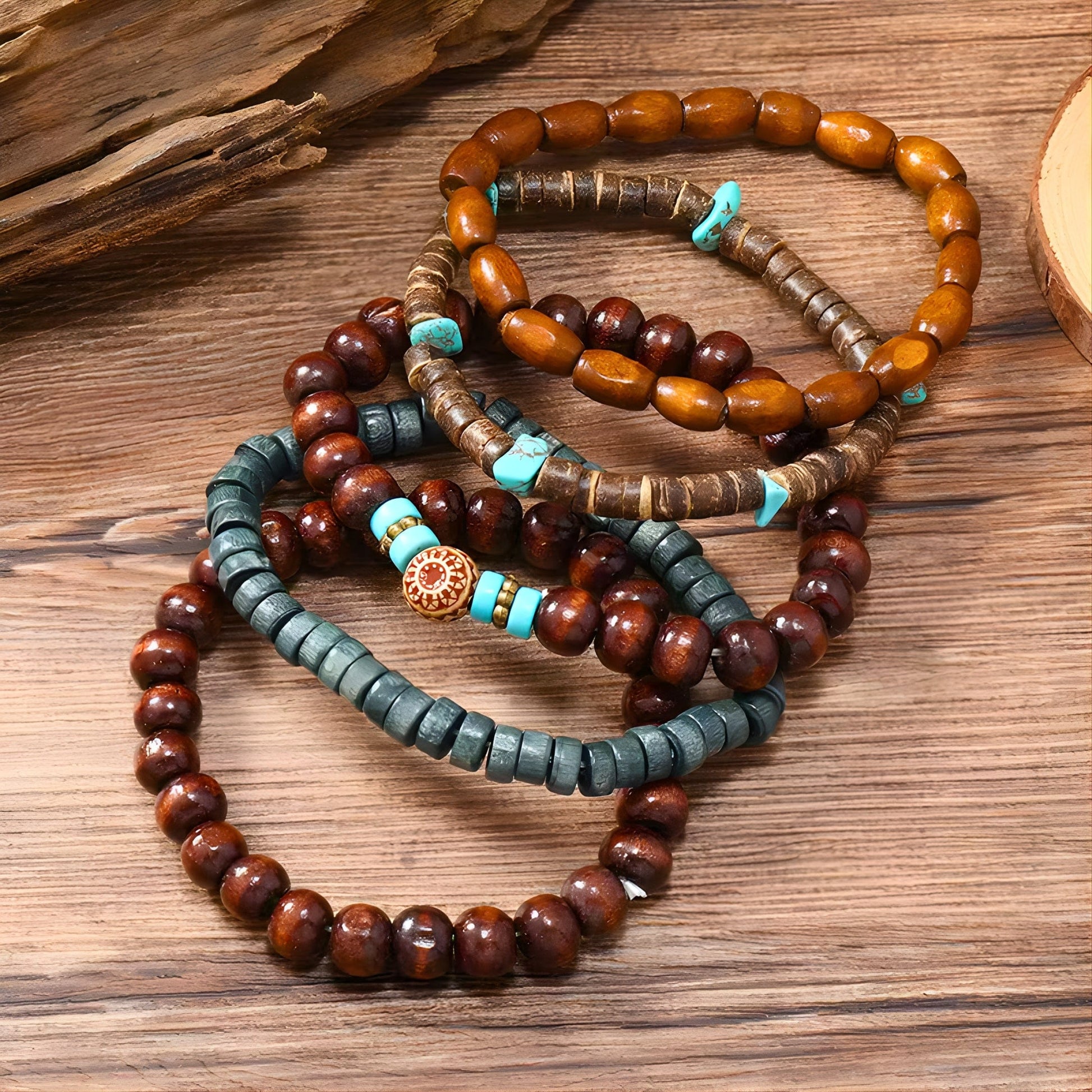 THE MEN THING Bead Bracelet RUSTIC HORIZON - 5 Pcs Brown Genuine Leather Adjustable Bracelet Set for Men & Boys (8 inch)