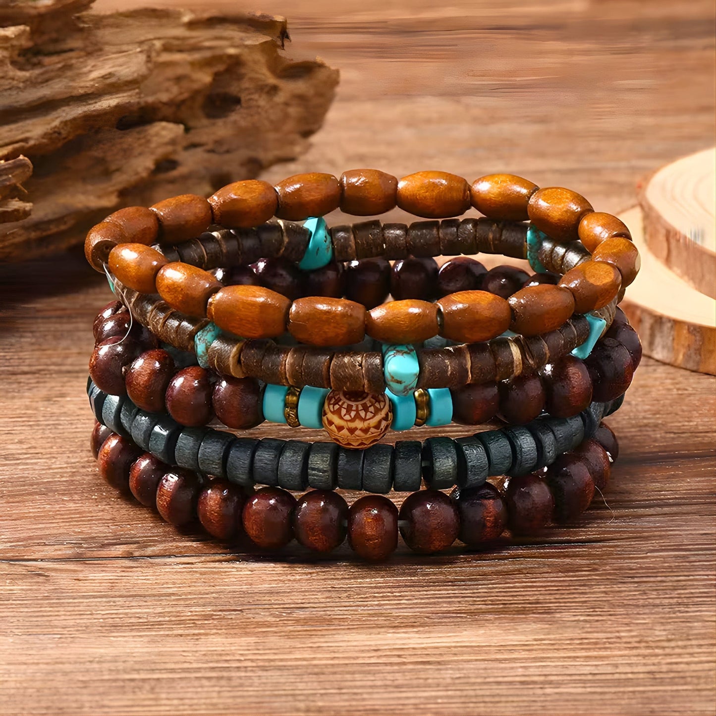 THE MEN THING Bead Bracelet RUSTIC HORIZON - 5 Pcs Brown Genuine Leather Adjustable Bracelet Set for Men & Boys (8 inch)