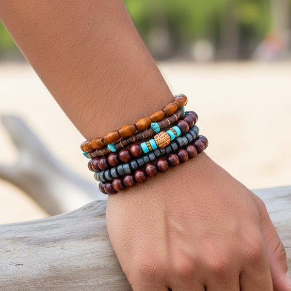 RUSTIC HORIZON - 5 Pcs Brown Genuine Leather Adjustable Bracelet Set for Men & Boys (8 inch)