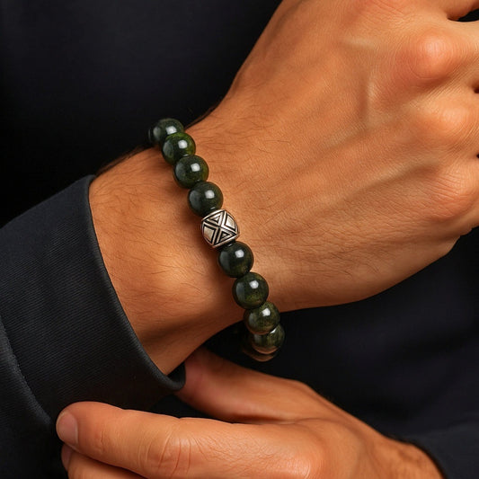 THE MEN THING Bead Bracelet SERPENTINE ASCEND - 12mm Beads Bracelet with Natural Stone - Adjustable Bracelet