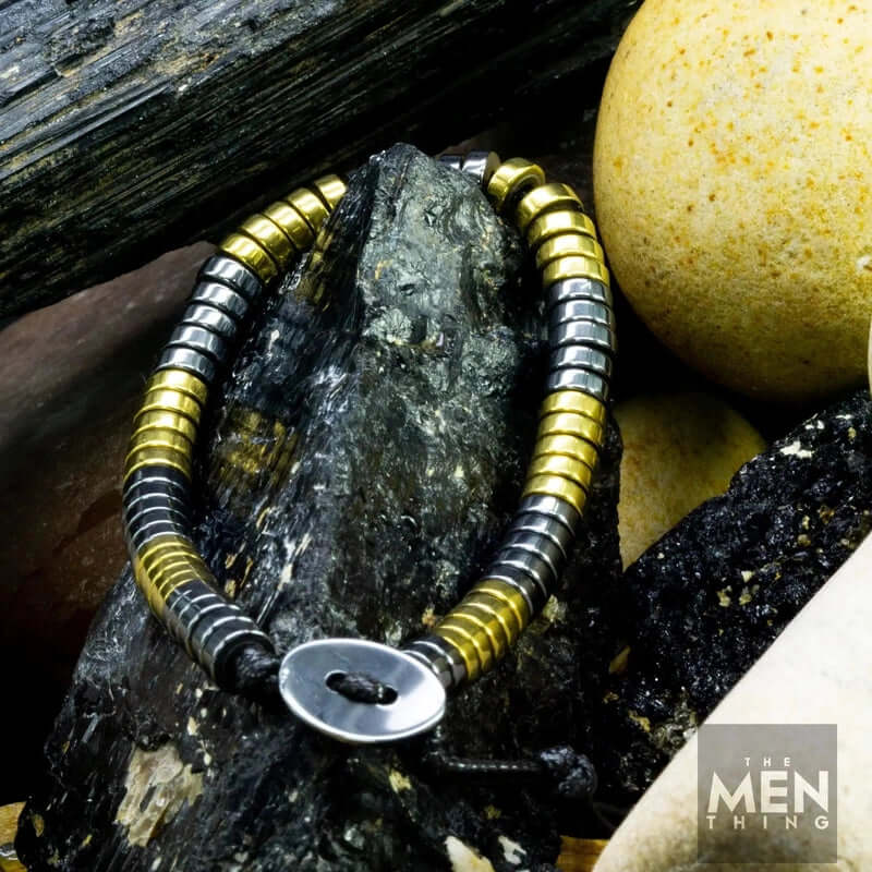 THE MEN THING Bead Bracelet SLEEK ITALY - Gold & Silver Tone - Steel Bead Bracelet - Stretch Bracelet (8inch)