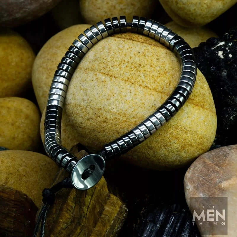 THE MEN THING Bead Bracelet SLEEK ITALY - Silver & Black Tone - Steel Bead Bracelet - Stretch Bracelet (8inch)