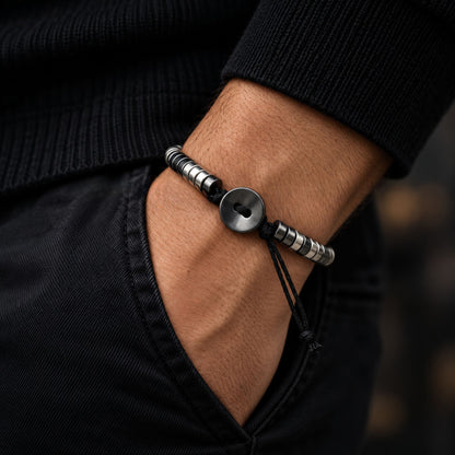 THE MEN THING Bead Bracelet SLEEK ITALY - Silver & Black Tone - Steel Bead Bracelet - Stretch Bracelet (8inch)