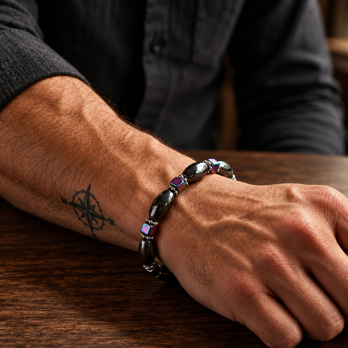 THE MEN THING Bead Bracelet SOLACE BLACK  - Beads Bracelet with Natural Stone - "7" inch Stretch Bracelet for Men & Boys