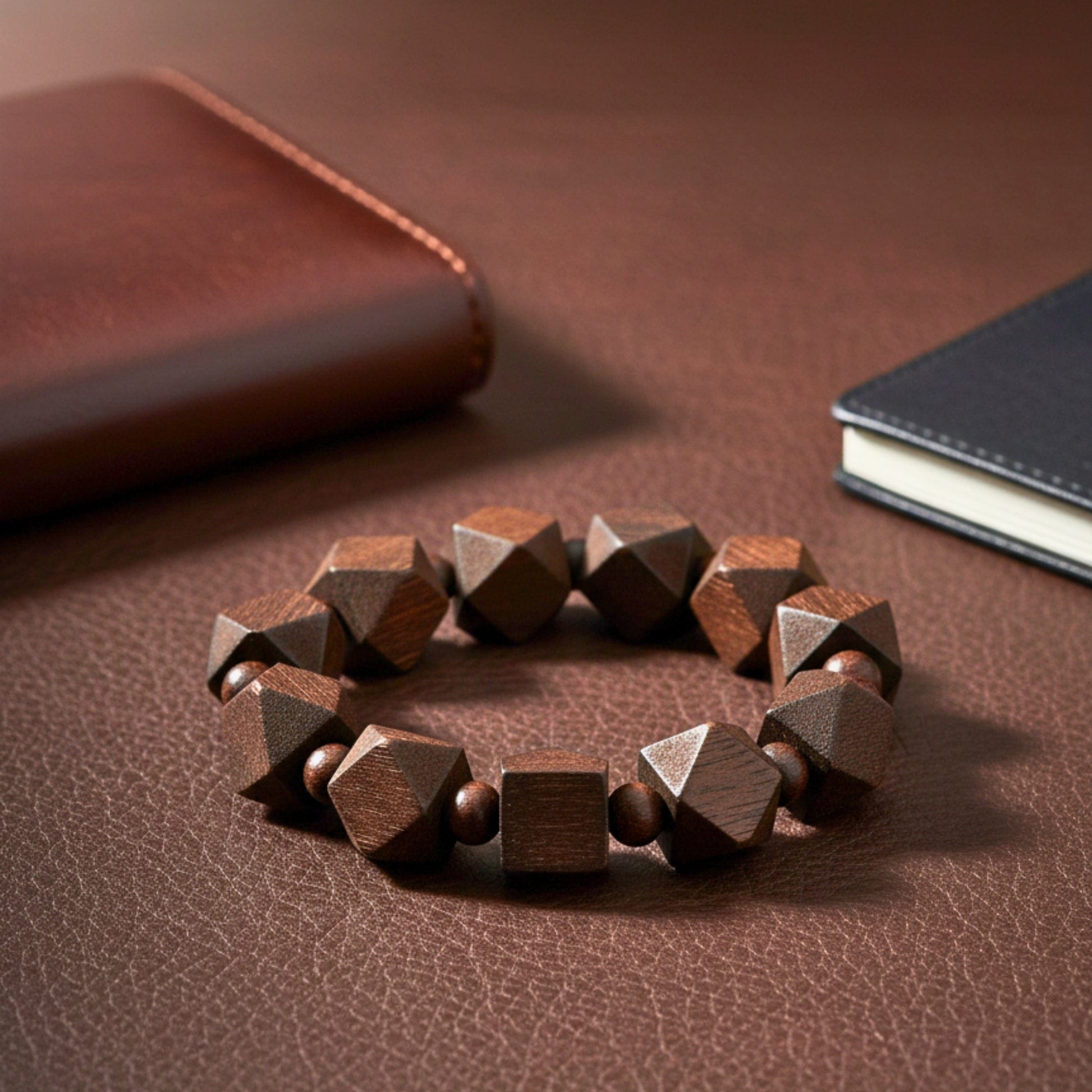 THE MEN THING Bead Bracelet SOLBARK - 16mm Wooden Beads Bracelet with Natural Stone - Adjustable Bracelet