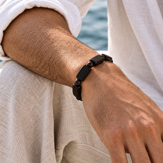 THE MEN THING Bead Bracelet SOLBARK - 8mm Wooden Beads Bracelet with Natural Stone - Adjustable Bracelet