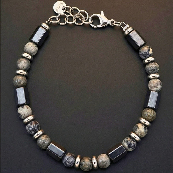 STONEFORGE - GREY - 7mm Beads Bracelet with Natural Stone - 7.5 to 8.5 inch Adjustable Bracelet
