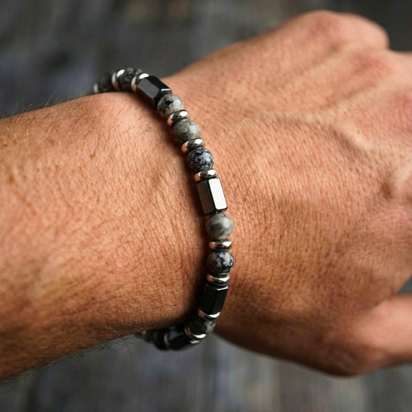 STONEFORGE - GREY - 7mm Beads Bracelet with Natural Stone - 7.5 to 8.5 inch Adjustable Bracelet