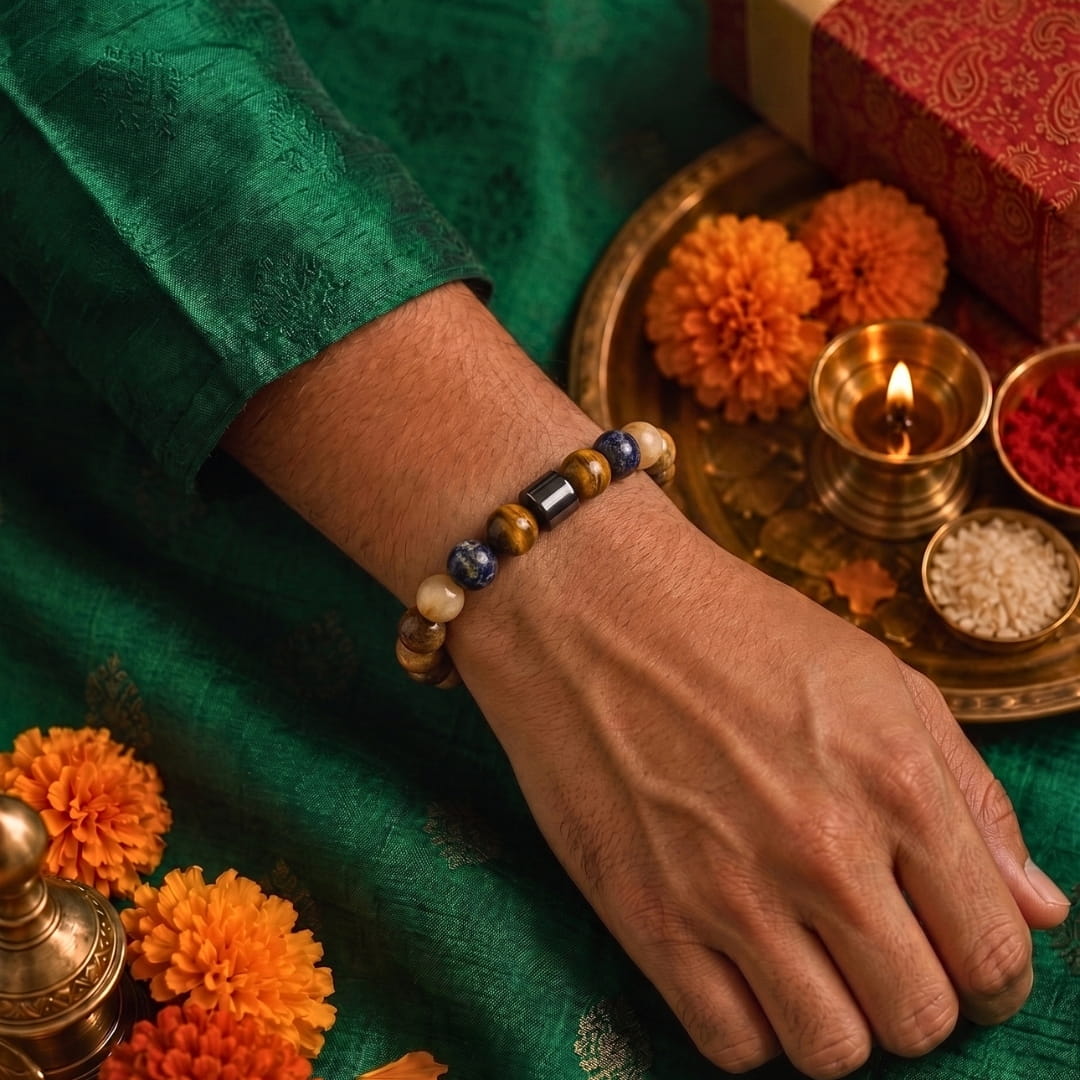 THE MEN THING Bead Bracelet The Perfect Rakhi Gift For Every Brother – AZURITE MARBLE - Premium Beads Bracelets With Timeless Style (7inch)
