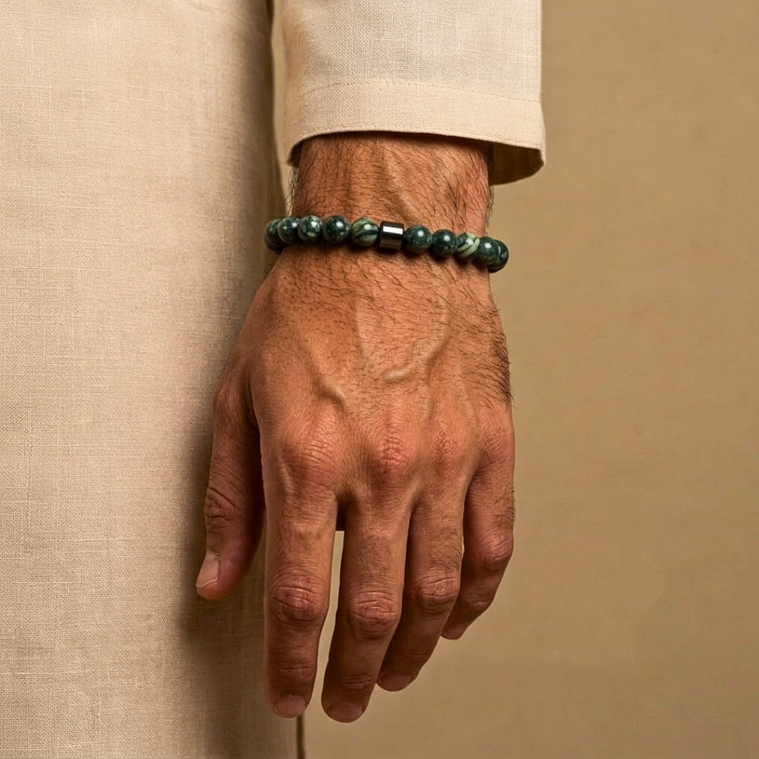 THE MEN THING Bead Bracelet The Perfect Rakhi Gift For Every Brother – AZURITE MOSS - Premium Beads Bracelets With Timeless Style (7inch)