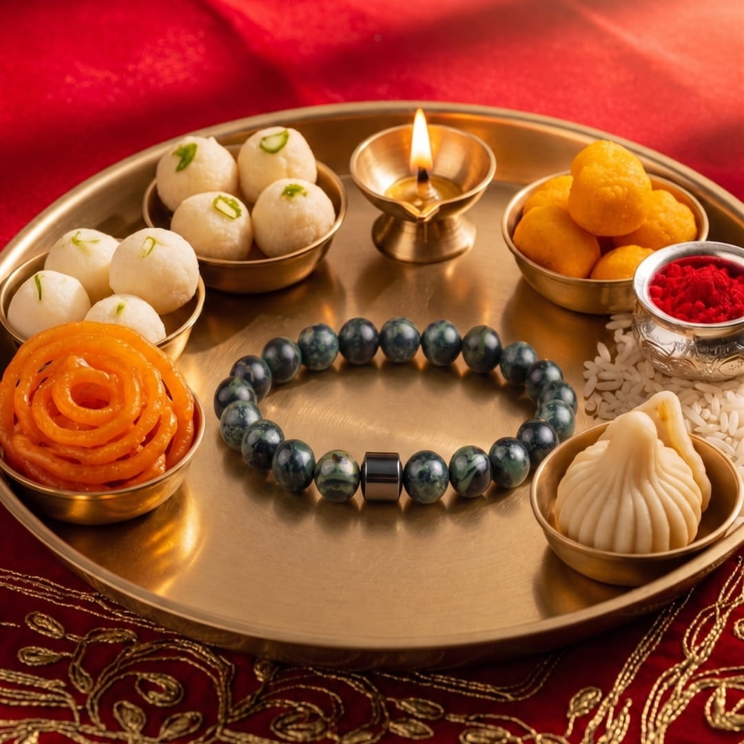 THE MEN THING Bead Bracelet The Perfect Rakhi Gift For Every Brother – AZURITE MOSS - Premium Beads Bracelets With Timeless Style (7inch)