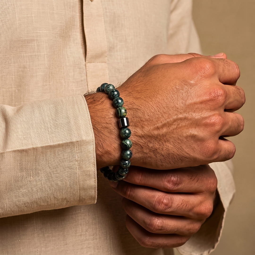 THE MEN THING Bead Bracelet The Perfect Rakhi Gift For Every Brother – AZURITE MOSS - Premium Beads Bracelets With Timeless Style (7inch)