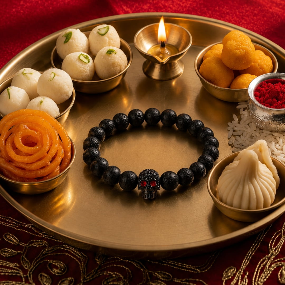 THE MEN THING Bead Bracelet The Perfect Rakhi Gift For Every Brother – INTERNO BLACK SKULL - Oxy Black Toned Skull - Premium Beads Bracelets With Timeless Style (7inch)