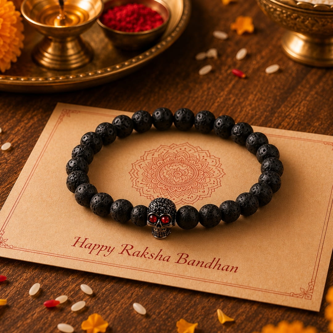 THE MEN THING Bead Bracelet The Perfect Rakhi Gift For Every Brother – INTERNO BLACK SKULL - Oxy Black Toned Skull - Premium Beads Bracelets With Timeless Style (7inch)
