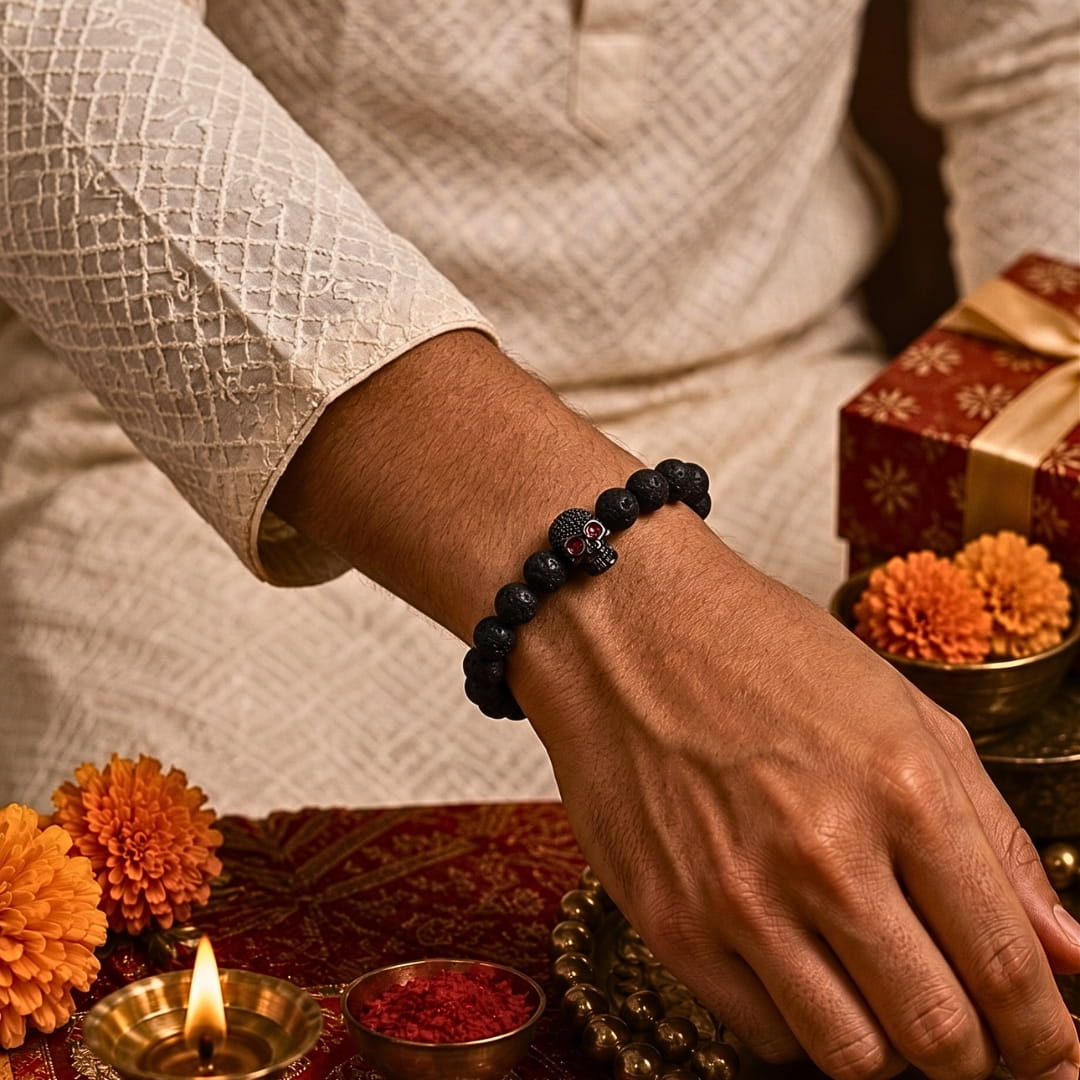 THE MEN THING Bead Bracelet The Perfect Rakhi Gift For Every Brother – INTERNO BLACK SKULL - Oxy Black Toned Skull - Premium Beads Bracelets With Timeless Style (7inch)
