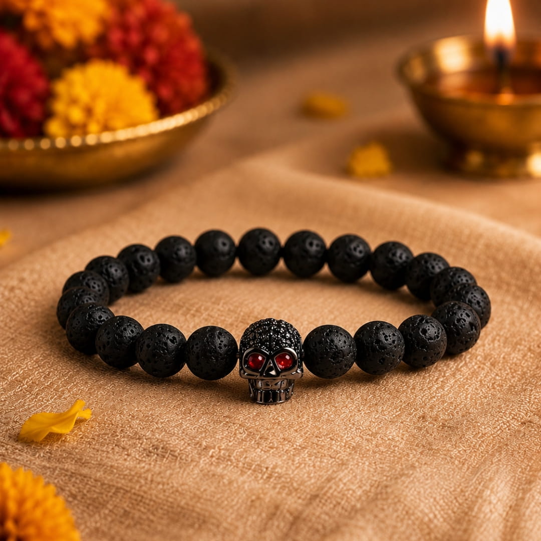THE MEN THING Bead Bracelet The Perfect Rakhi Gift For Every Brother – INTERNO BLACK SKULL - Oxy Black Toned Skull - Premium Beads Bracelets With Timeless Style (7inch)