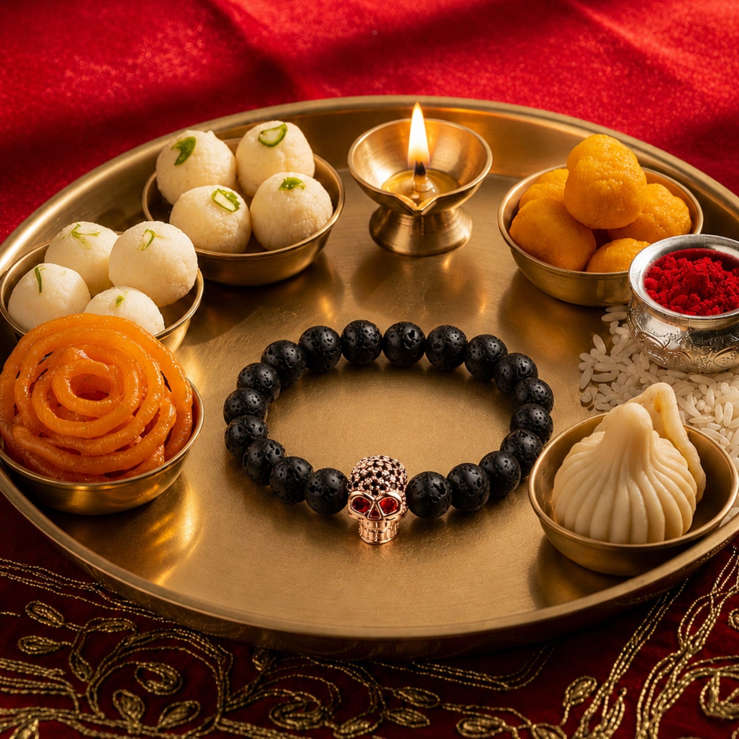 THE MEN THING Bead Bracelet The Perfect Rakhi Gift For Every Brother – INTERNO SKULL - Rose Gold Toned Skull - Premium Beads Bracelets With Timeless Style (7inch)