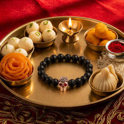 THE MEN THING Bead Bracelet The Perfect Rakhi Gift For Every Brother – INTERNO SKULL - Rose Gold Toned Skull - Premium Beads Bracelets With Timeless Style (7inch)