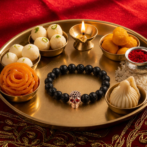 The Perfect Rakhi Gift For Every Brother – INTERNO SKULL - Rose Gold Toned Skull - Premium Beads Bracelets With Timeless Style (7inch)