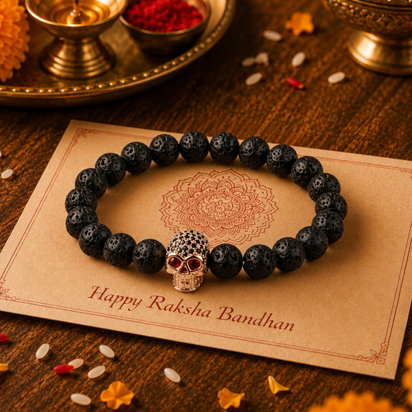 The Perfect Rakhi Gift For Every Brother – INTERNO SKULL - Rose Gold Toned Skull - Premium Beads Bracelets With Timeless Style (7inch)