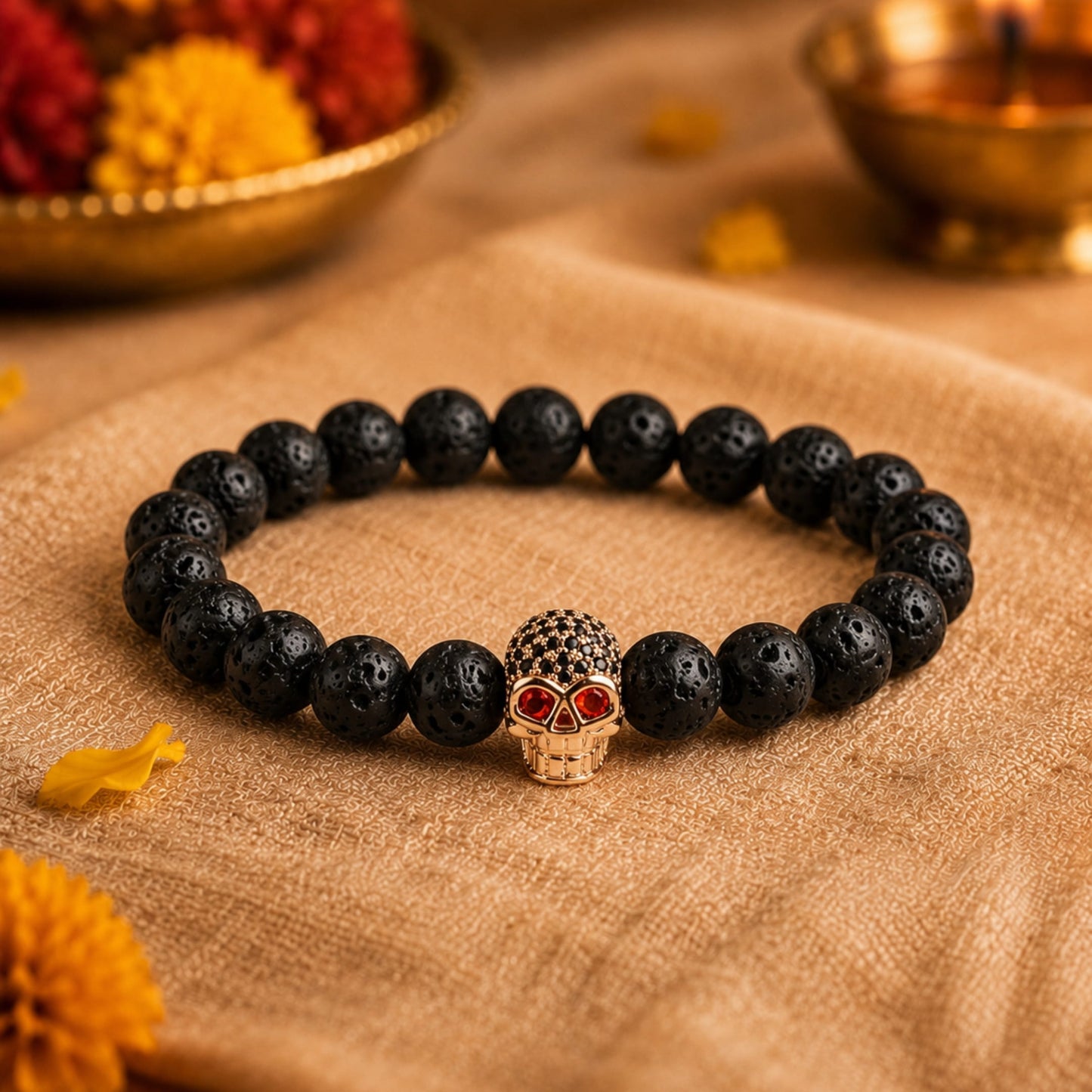 THE MEN THING Bead Bracelet The Perfect Rakhi Gift For Every Brother – INTERNO SKULL - Rose Gold Toned Skull - Premium Beads Bracelets With Timeless Style (7inch)